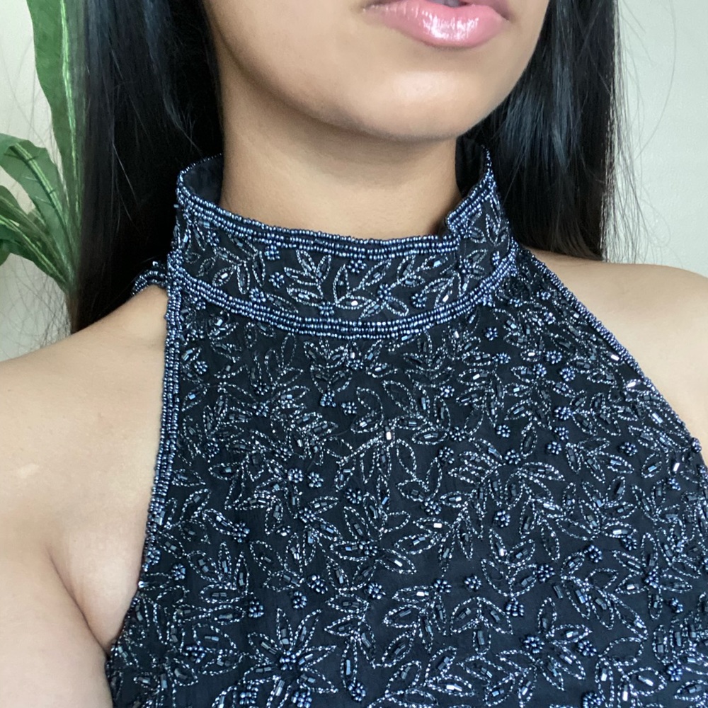 100% silk black and blue beaded evening top